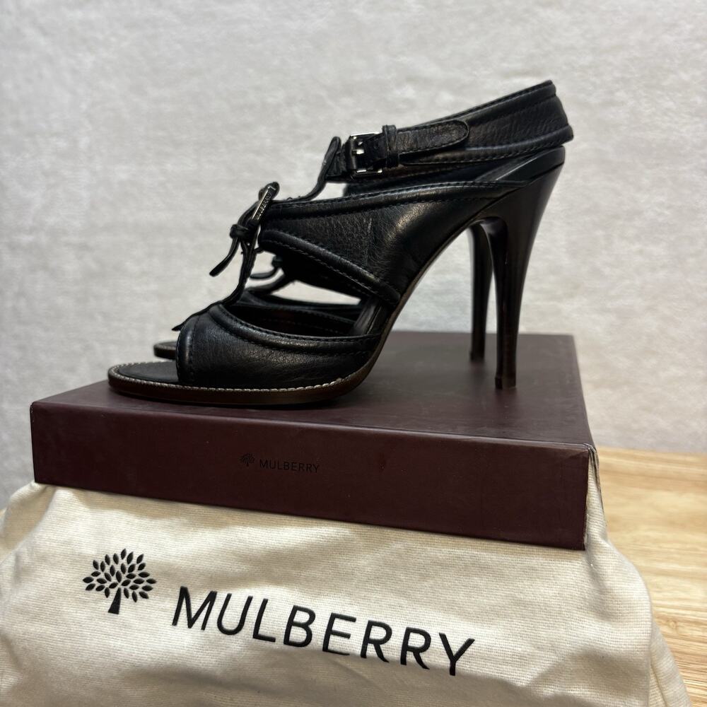 Mulberry Strappy Sandals Black Leather High Heel Sandal with Buckle EU Size 38
